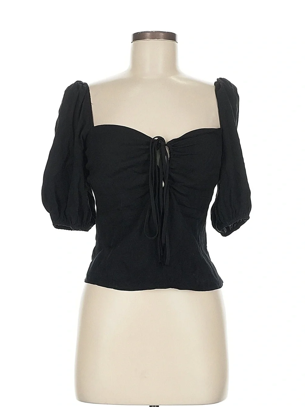 Reformation Black Puff Sleeve Tie-Front Blouse